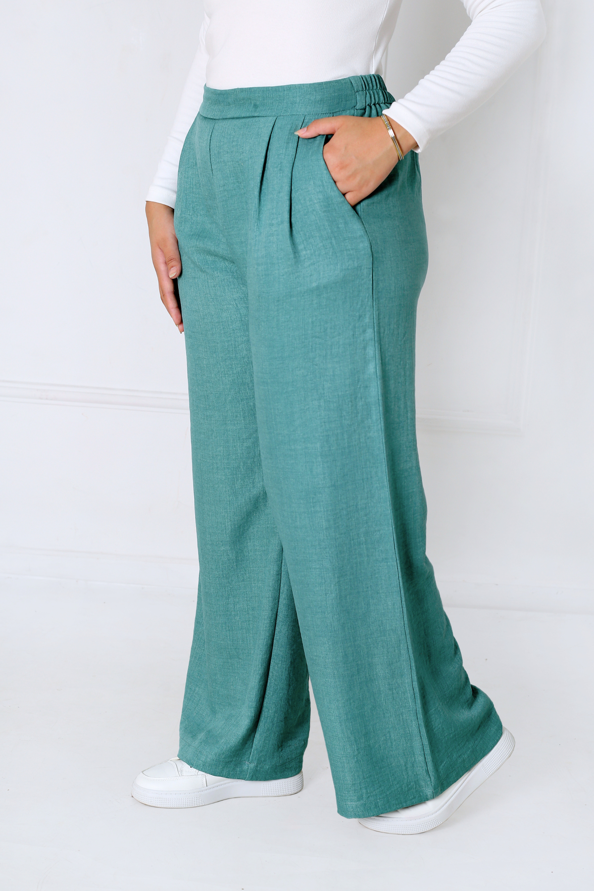 Pantalon Femme - Casual Large à Plis - Effet Lin Crush