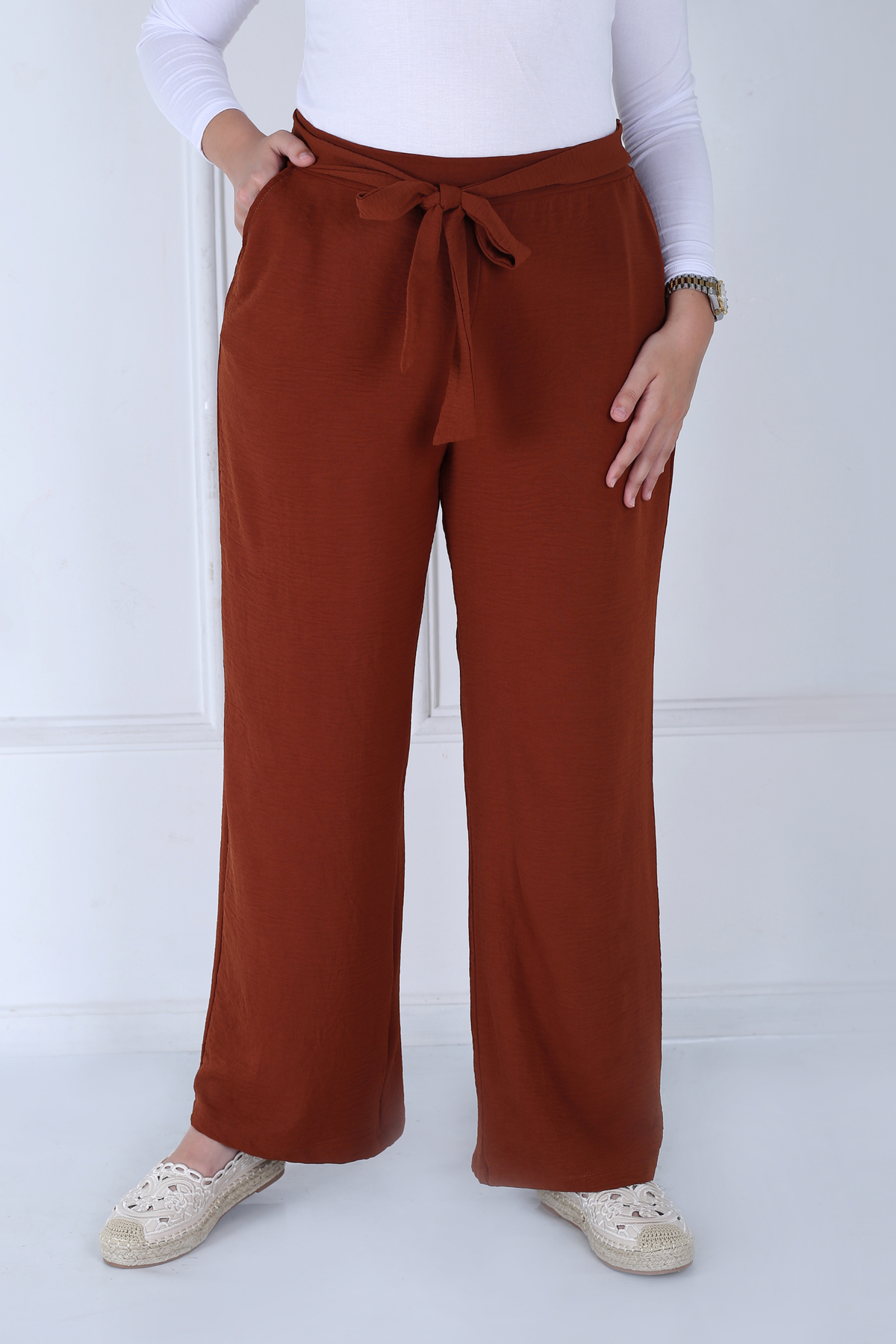 Pantalon Femme - Casual Large à Ceinture - Crêpe Crush