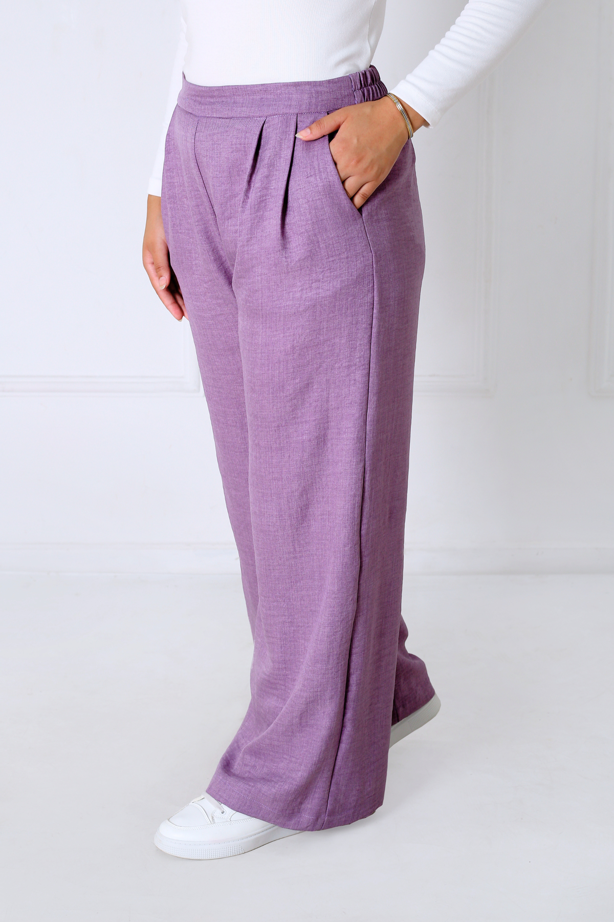 Pantalon Femme - Casual Large à Plis - Effet Lin Crush
