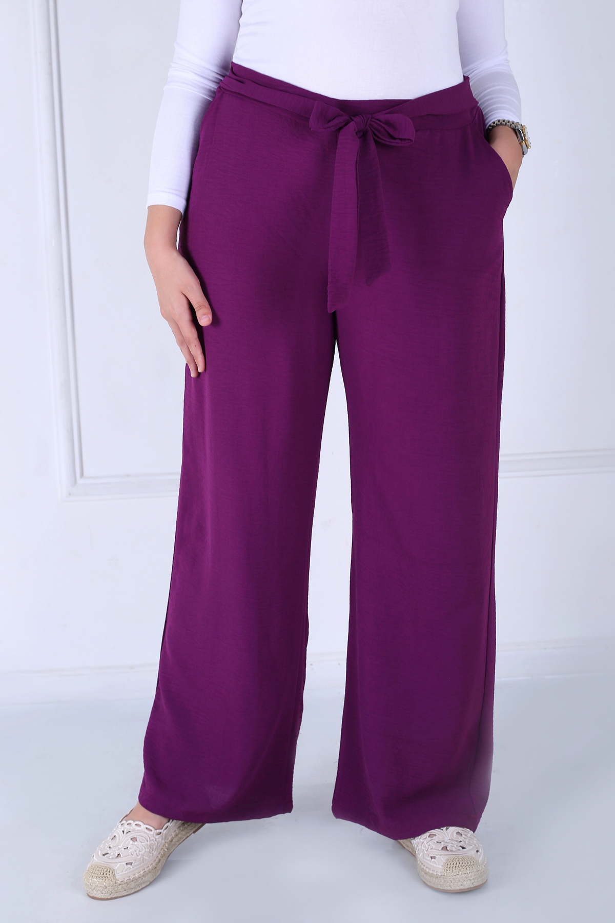 Pantalon Femme - Casual Large à Ceinture - Crêpe Crush
