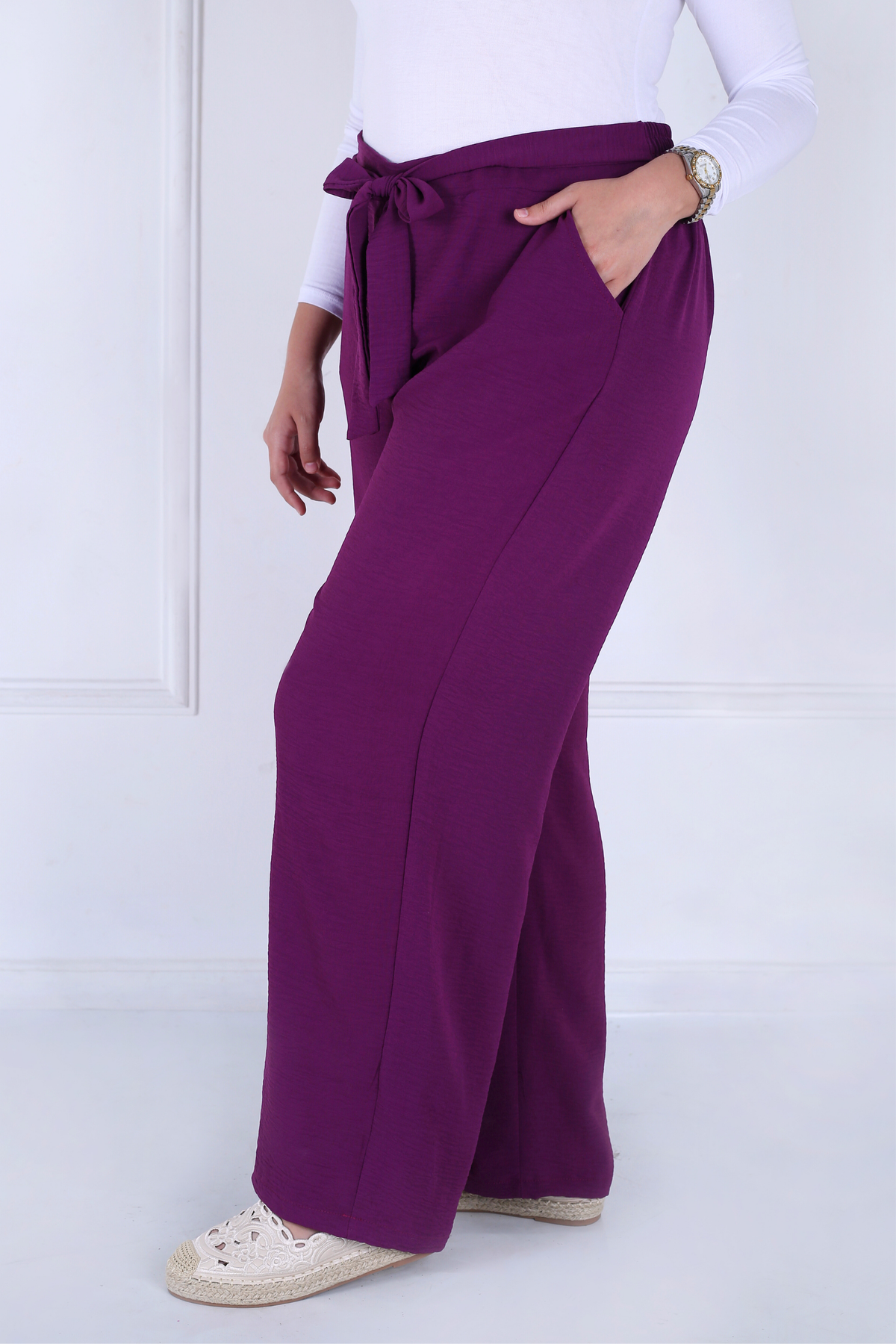 Pantalon Femme - Casual Large à Ceinture - Crêpe Crush