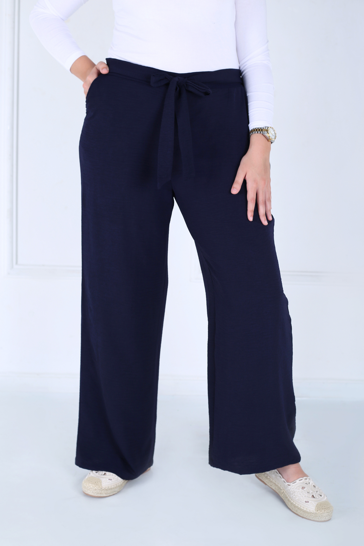 Pantalon Femme - Casual Large à Ceinture - Crêpe Crush