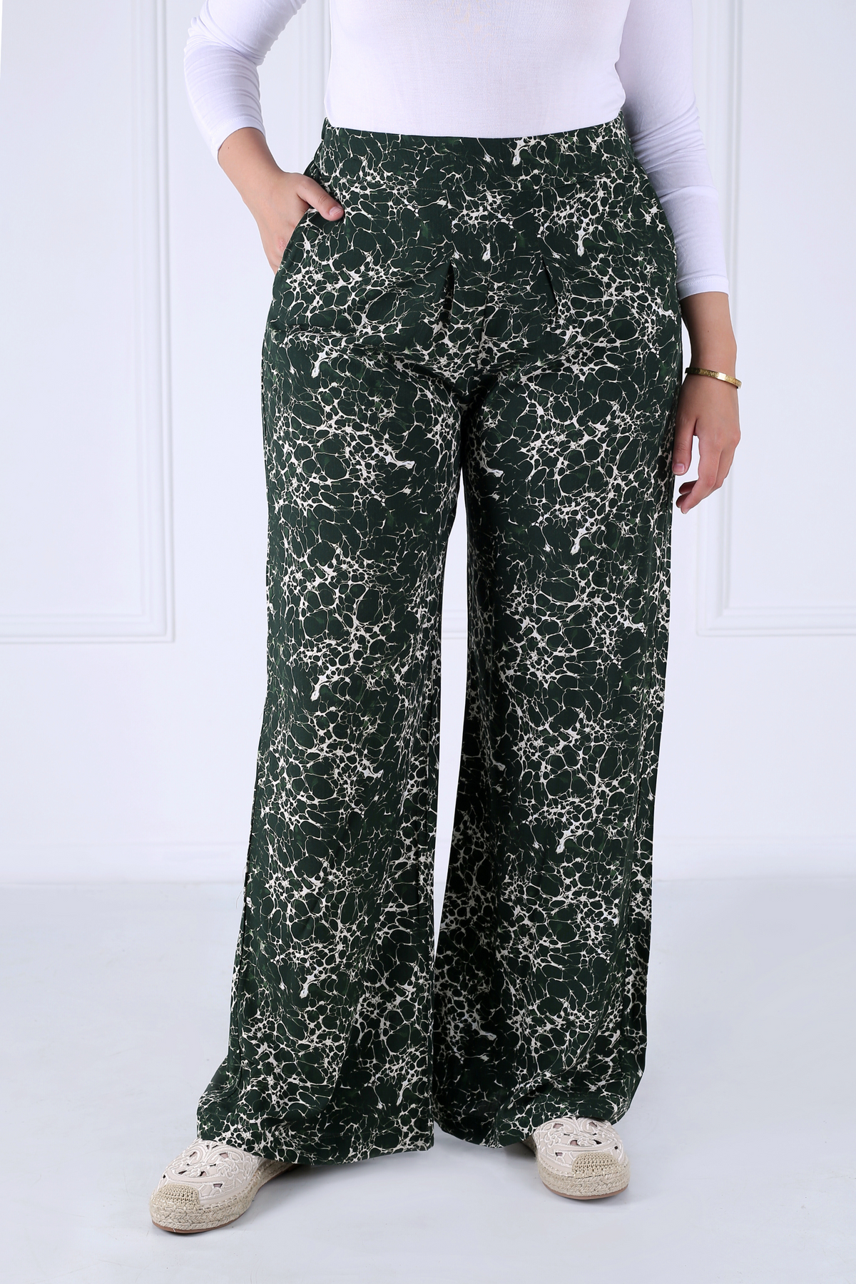 Pantalon Femme - Casual Large - Viscose Motifs Ecume