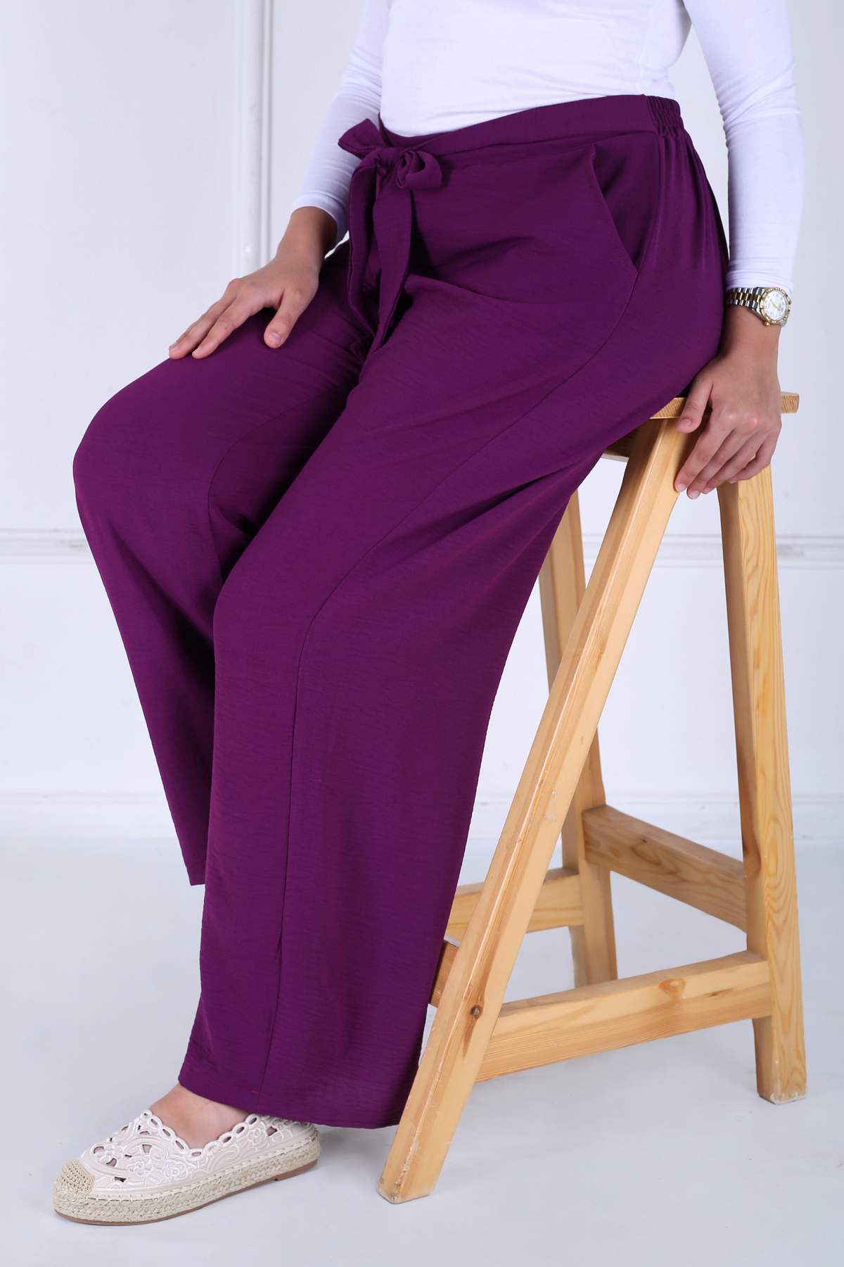 Pantalon Femme - Casual Large à Ceinture - Crêpe Crush