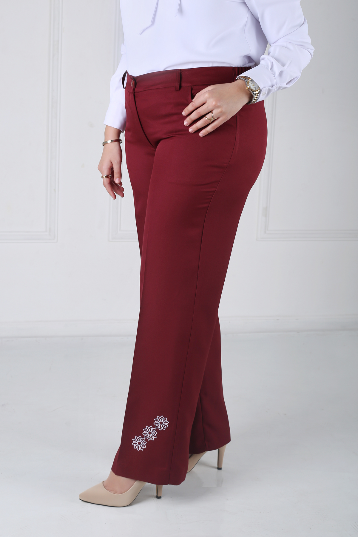 Pantalon Femme - Classique Large Brodé - Gabardine Tailleur