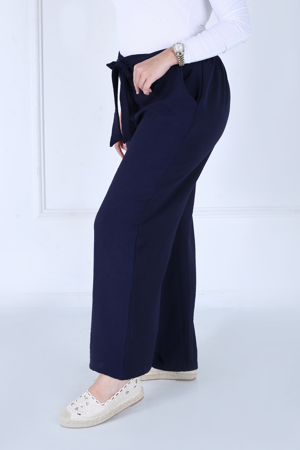 Pantalon Femme - Casual Large à Ceinture - Crêpe Crush