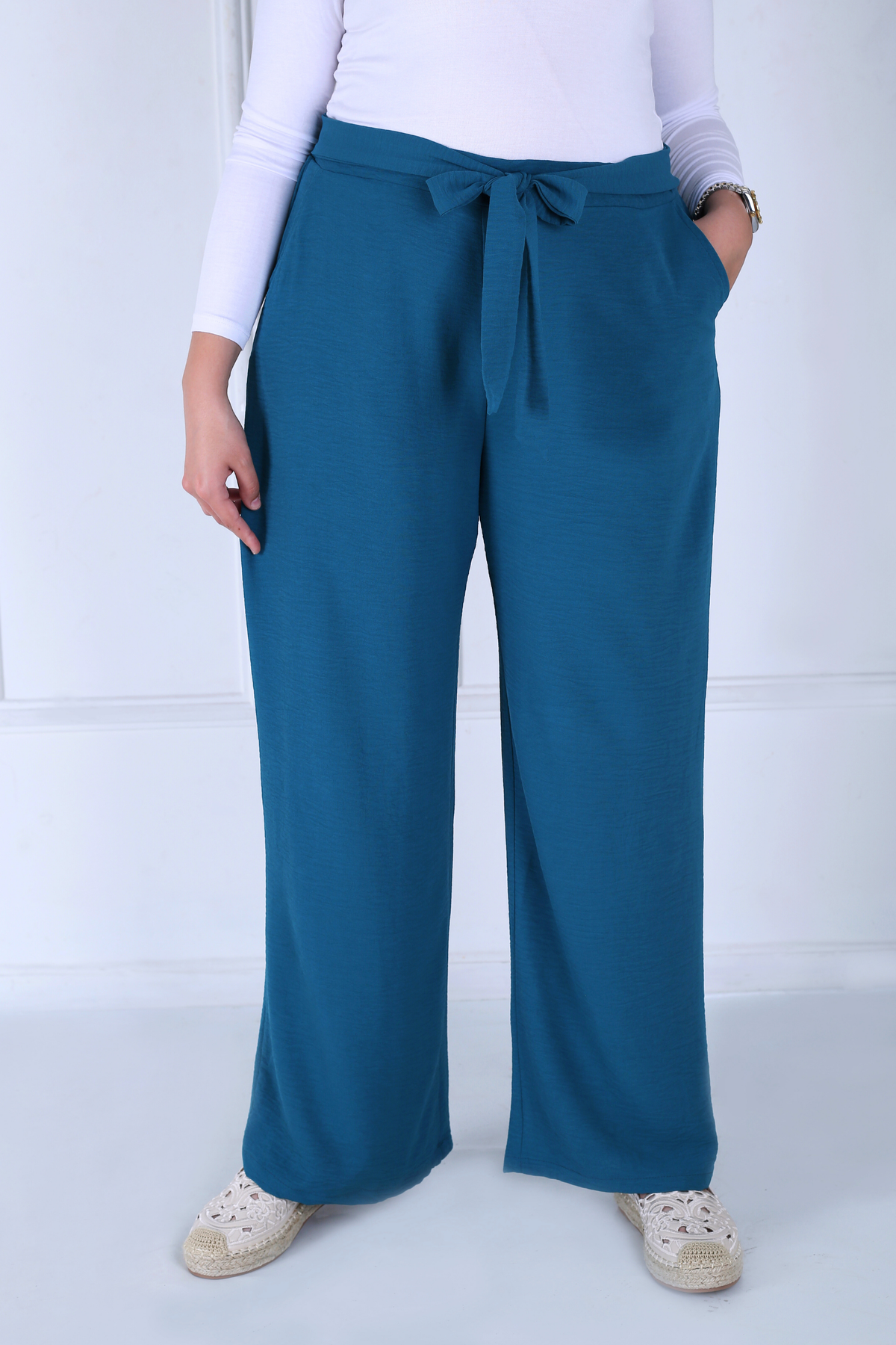 Pantalon Femme - Casual Large à Ceinture - Crêpe Crush