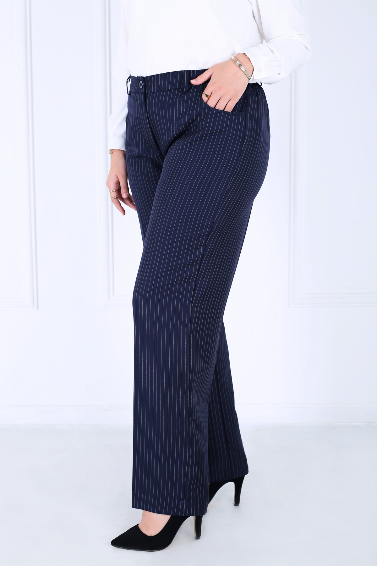Pantalon Femme - Classique Large - Gabardine Tailleur Rayé