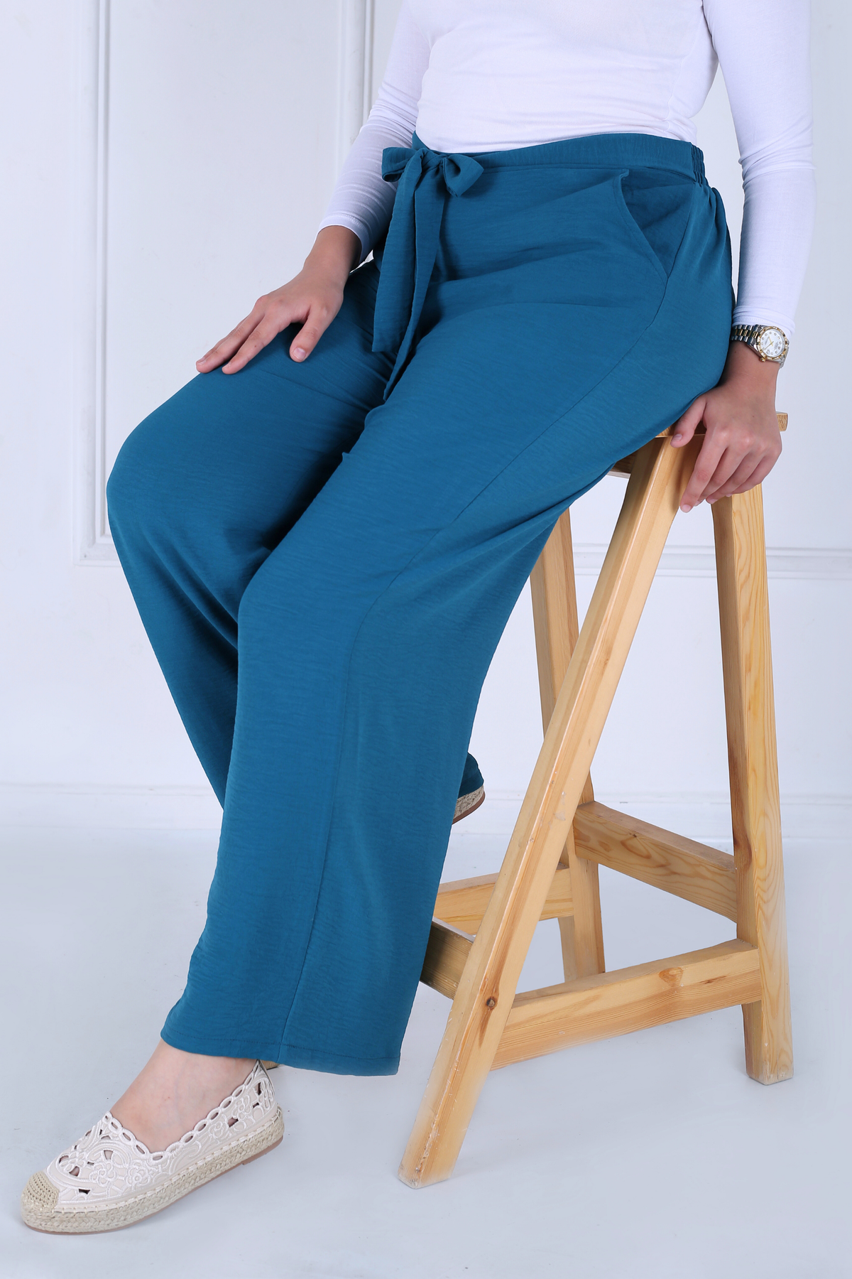 Pantalon Femme - Casual Large à Ceinture - Crêpe Crush