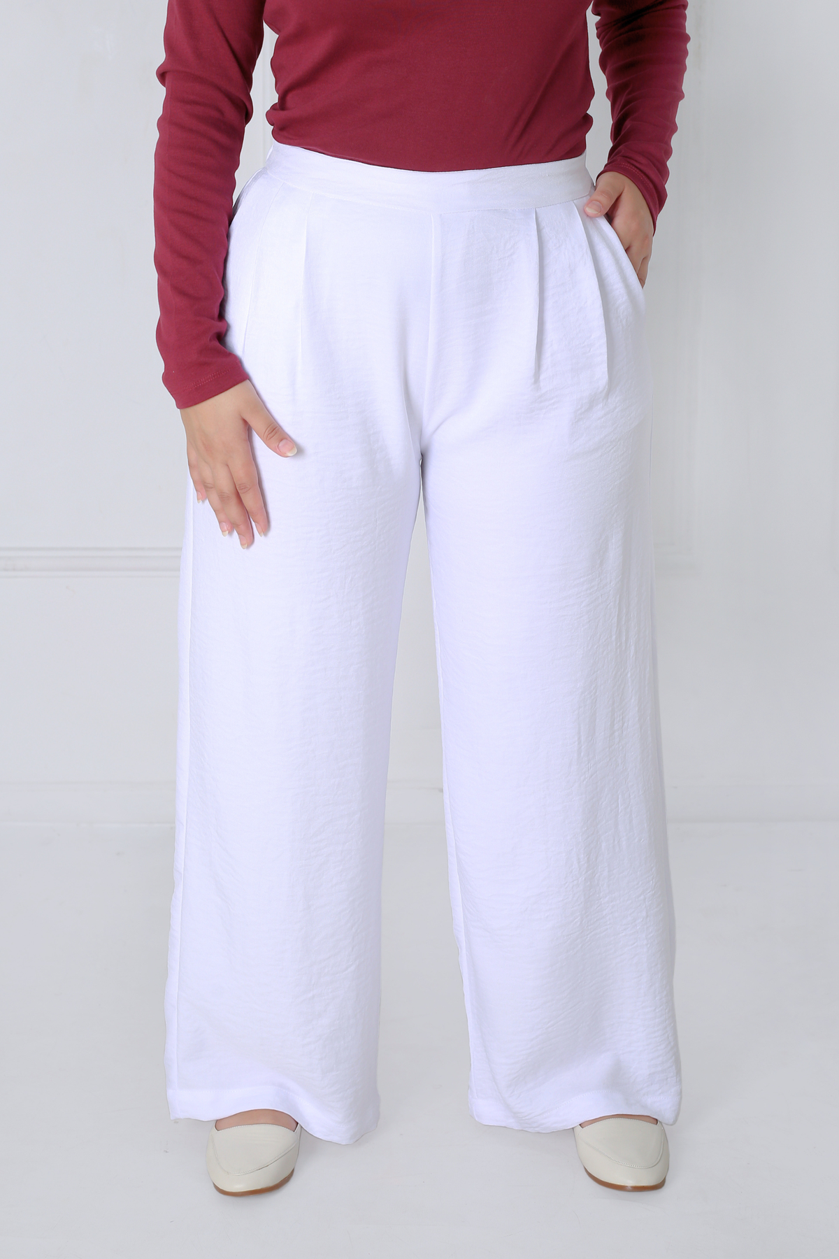Pantalon Femme - Casual Large à Plis - Effet Lin Crush