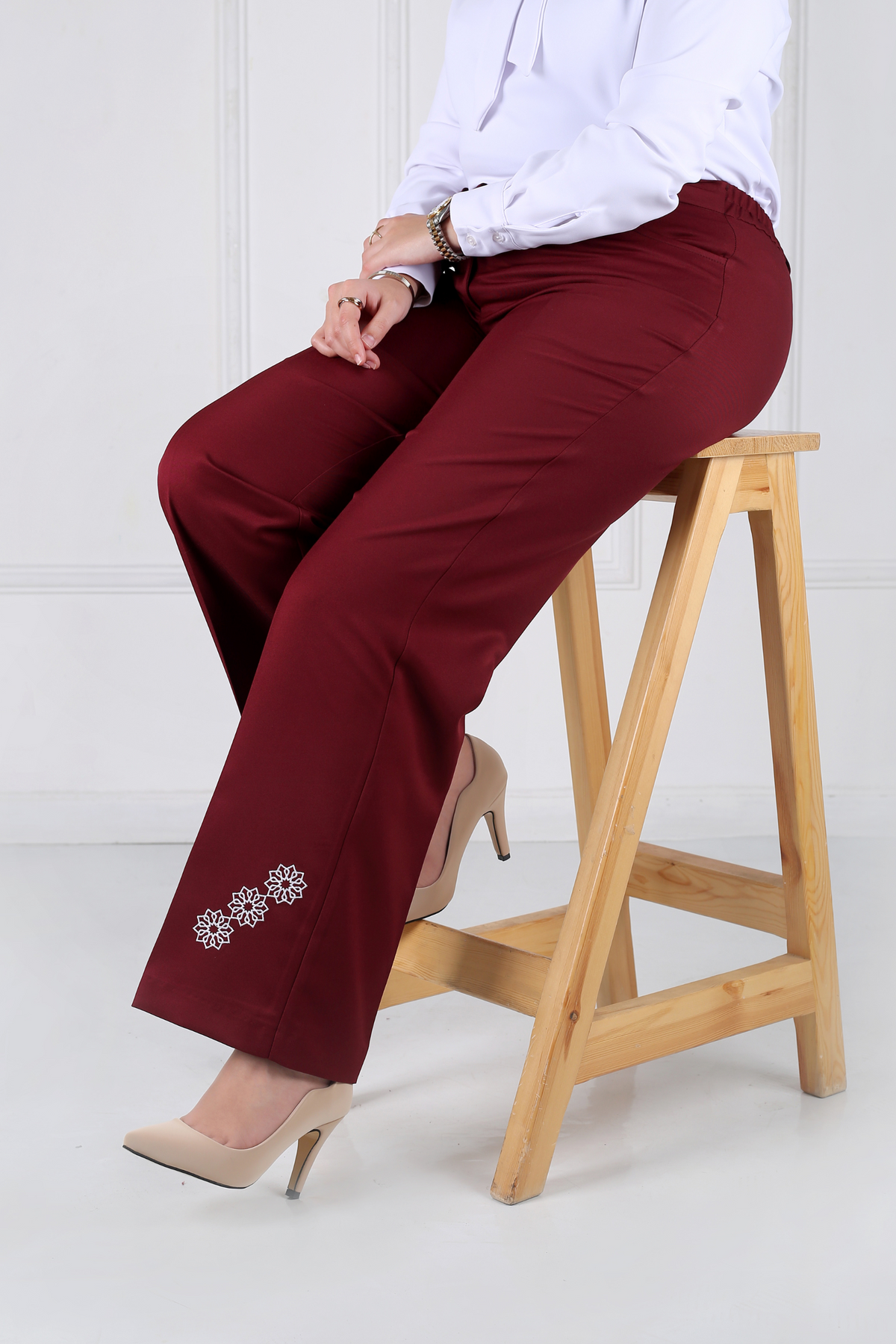 Pantalon Femme - Classique Large Brodé - Gabardine Tailleur