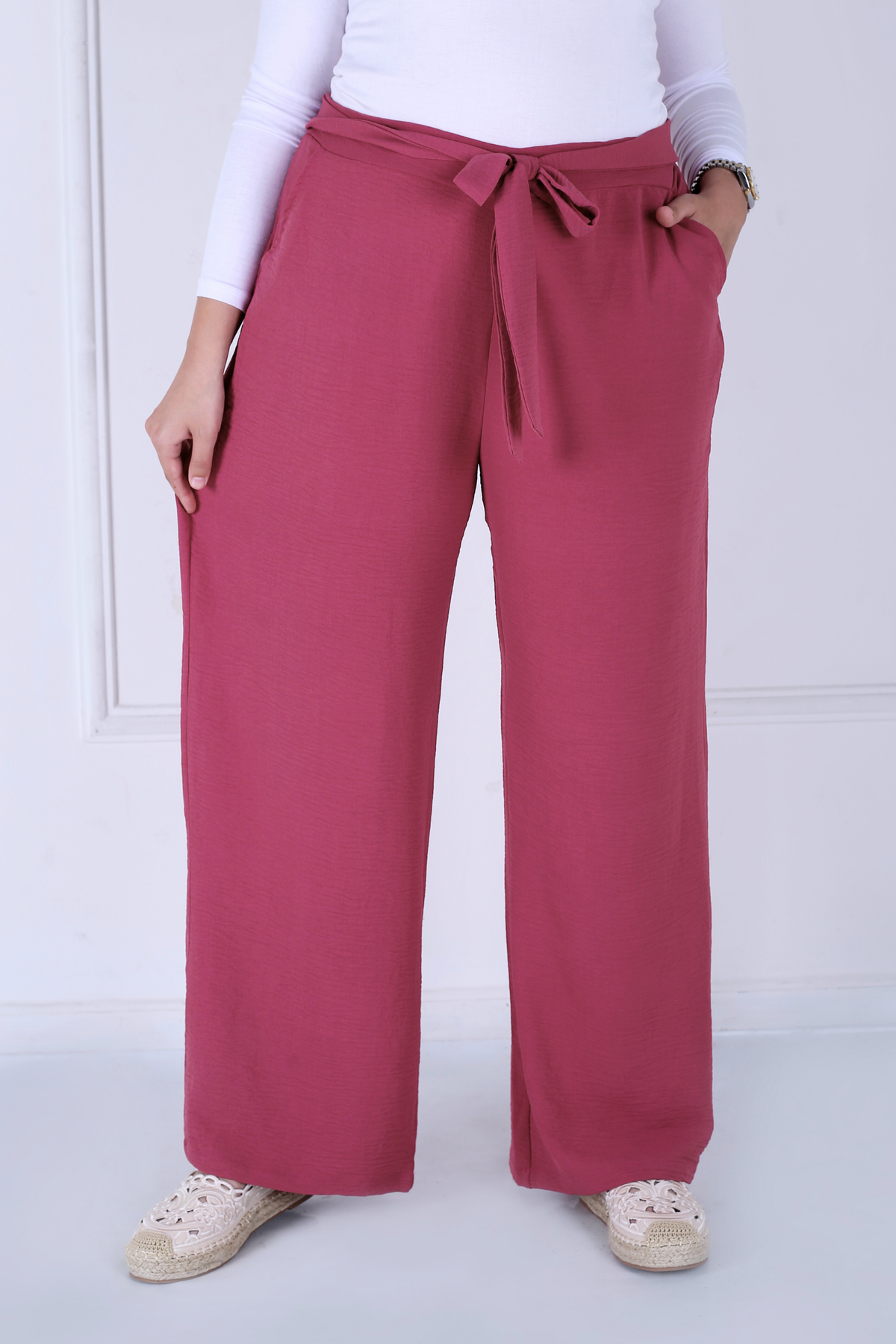 Pantalon Femme - Casual Large à Ceinture - Crêpe Crush