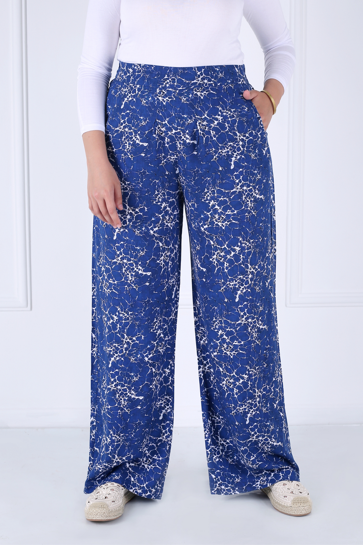 Pantalon Femme - Casual Large - Viscose Motifs Ecume