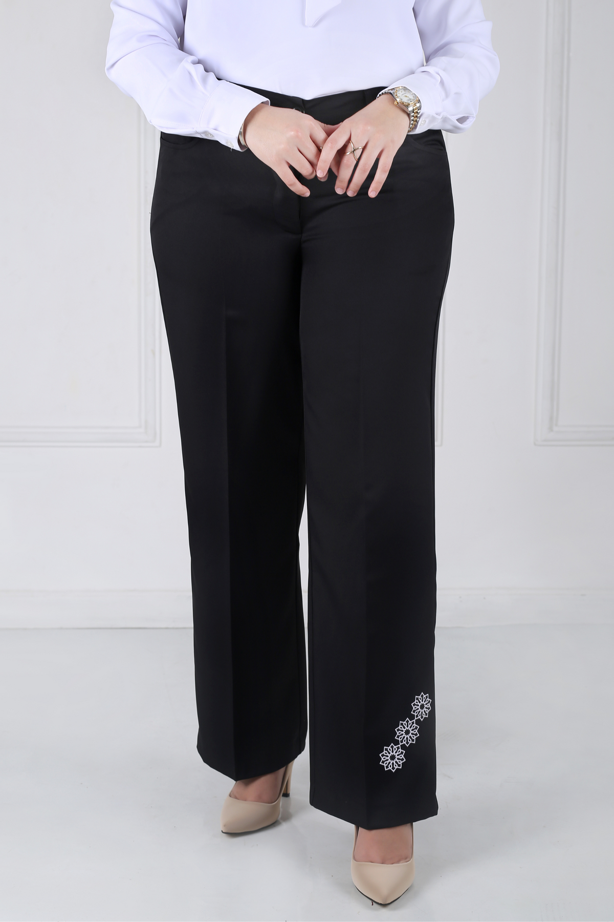 Pantalon Femme - Classique Large Brodé - Gabardine Tailleur