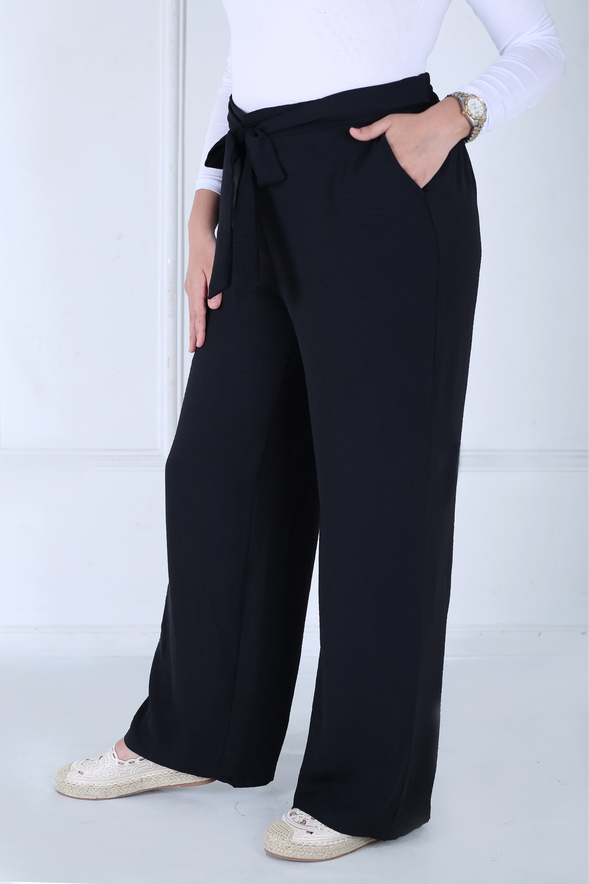 Pantalon Femme - Casual Large à Ceinture - Crêpe Crush