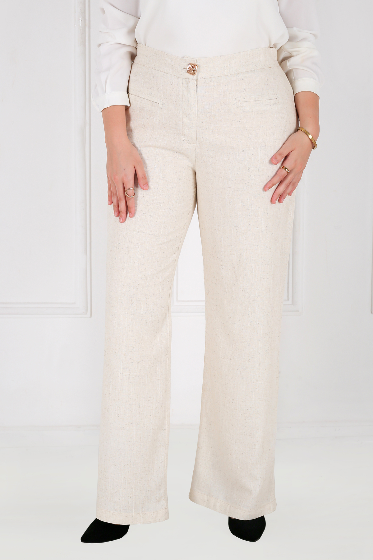 Pantalon Femme - Classique Large à Bouton Doré - Lin